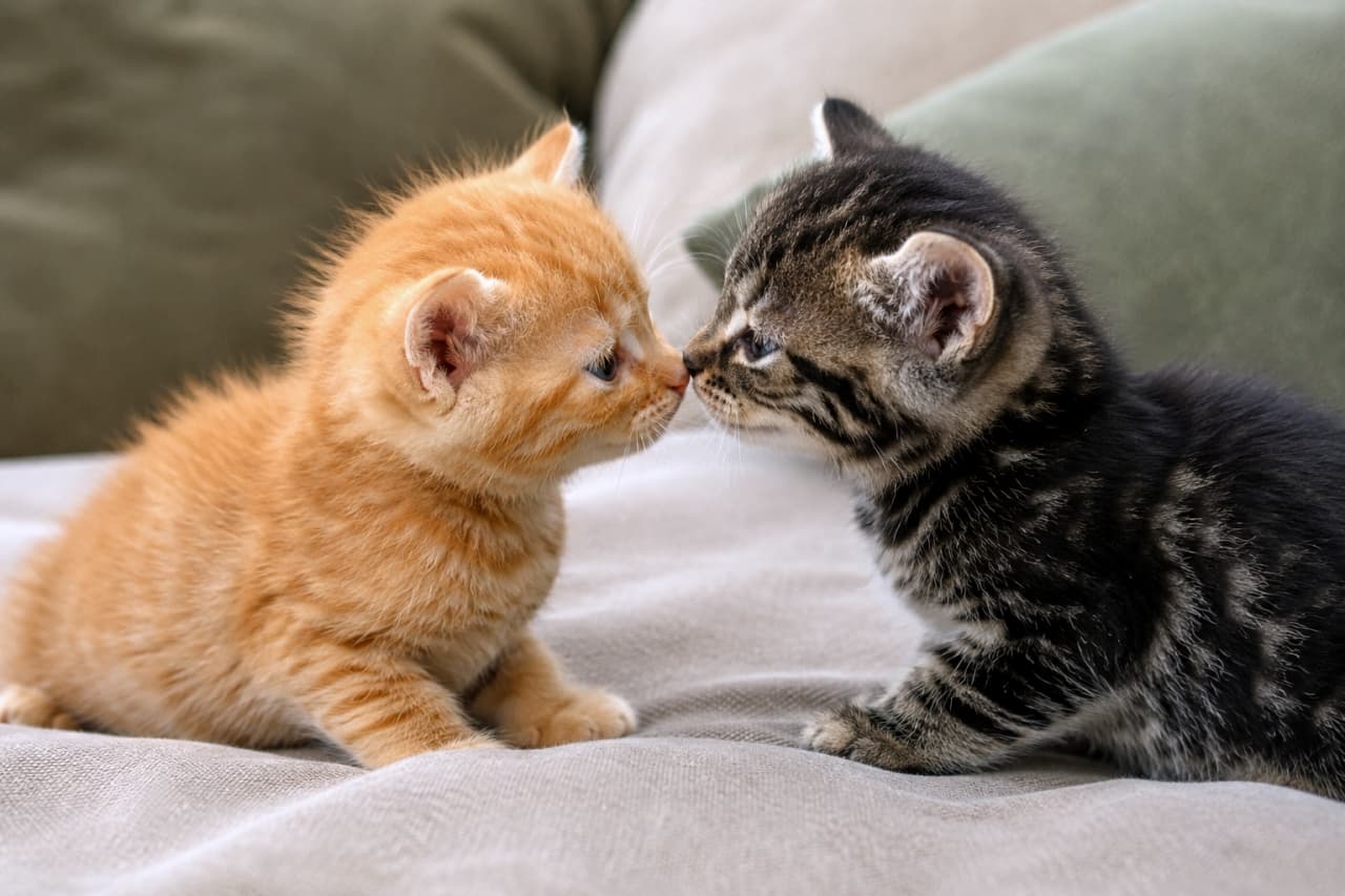 「ちゅっ💕 子猫同士の可愛いご挨拶にキュン死確定！尊すぎる瞬間に癒やされてね🥰 #子猫 #仲良し」Ultra-realistic high-quality photograph of an orange tabby kitten and a brown tabby kitten gently touching noses on a sofa. ソファの上で、茶トラの子猫とキジトラの子猫が優しく鼻を突き合わせている（鼻キス）様子
