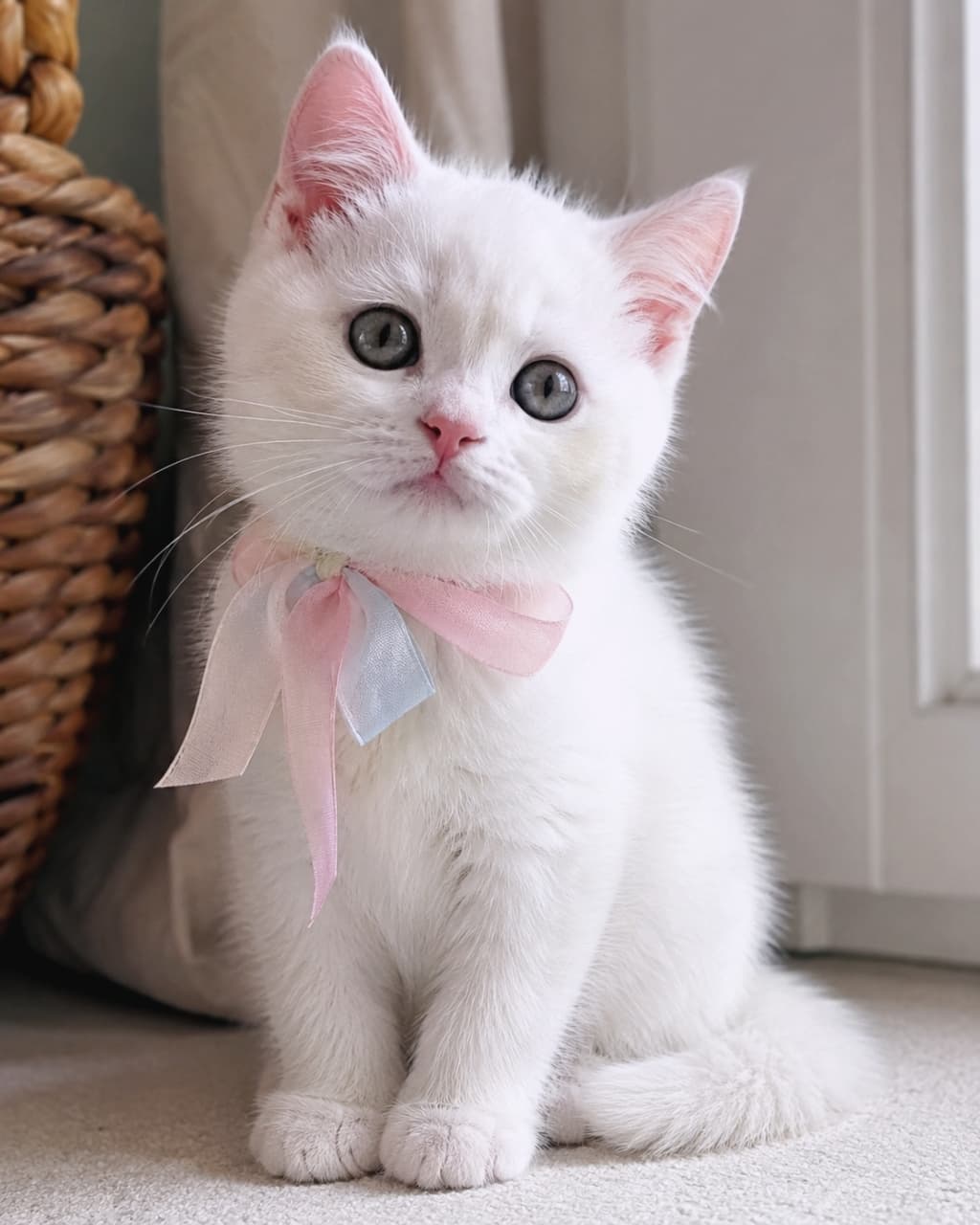 「おめかししてお出かけにゃ🐈🎀パステルカラーのリボンと真っ白なフワフワ毛並みが天使すぎる👼✨」Ultra-realistic high-quality photograph of a pure white kitten wearing a pastel pink and blue ribbon, sitting cutely next to a wicker basket. ピンクと水色のパステルカラーのリボンを首に巻いた、真っ白な子猫。籐のカゴの横でちょこんと座りカメラを見つめる高画質写真