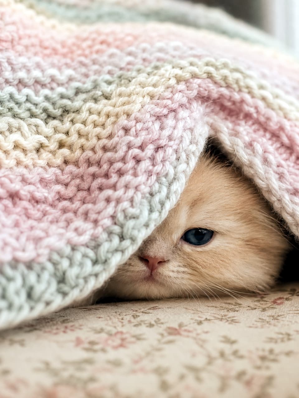 「毛布にくるまって、じーっと見つめるあざと可愛い確信犯🫣💕この可愛い瞳に見つめられたらイチコロです！」An ultra-realistic high-quality photograph in vertical format of a fluffy cream-colored kitten with blue eyes peeking from under a pastel pink, white, and mint green knit blanket, staring intently forward. 縦型の構図。ピンク、白、ミントグリーンのパステルカラーで編まれた波模様のニットブランケットの下から、美しいブルーの瞳を持つ淡いクリーム色の長毛の子猫が顔を出し、こちらをじっと見つめている高品質な写真