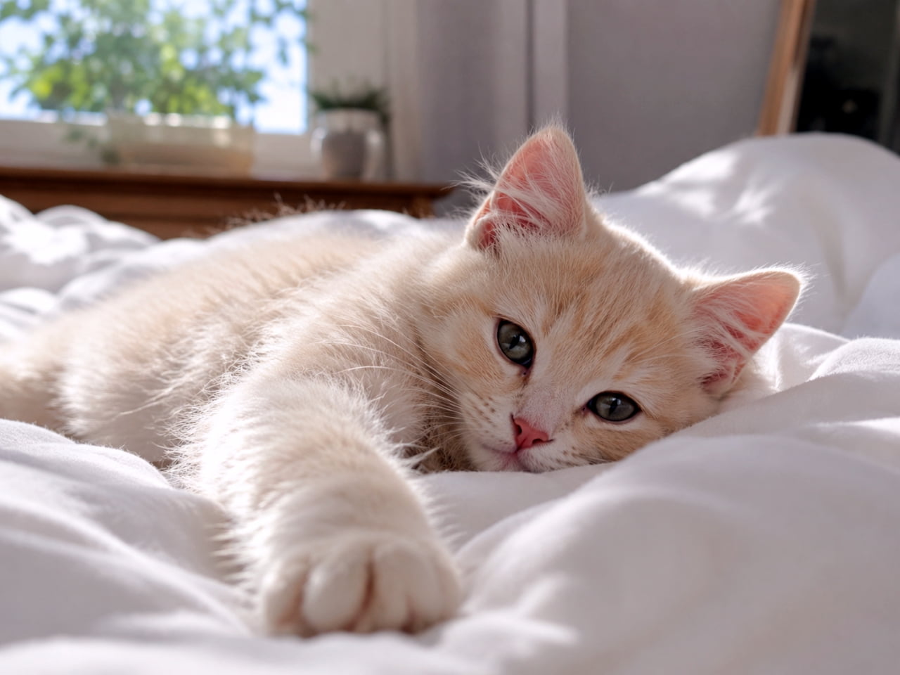 「ふわぁ〜よく寝たにゃ🐾ぽかぽかお日様とふわふわベッドは最高だね☁️✨ #子猫 #お昼寝 #癒し」Ultra-realistic high-quality photograph of a fluffy cream kitten stretching its paw on a white bed bathed in sunlight. 日差しの差し込む白いベッドの上で、リラックスして前足を伸ばすクリーム色の子猫の高画質写真。ふわふわの毛並みが光に透けている