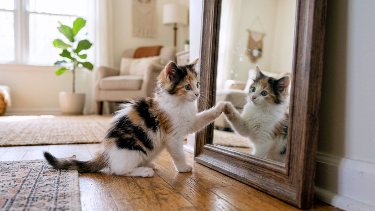 「「君はだれニャ？」🪞 鏡に映る自分にハイタッチ！好奇心旺盛な子猫の可愛いワンシーン🐾✨」Ultra-realistic high-quality photograph of a cute calico kitten playfully touching its reflection with a paw in a floor mirror. 明るいリビングの床に置かれた鏡に映る自分自身の姿に向かって、前足を伸ばして触れようとしている三毛猫の子猫