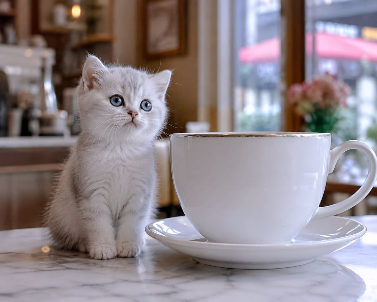 「カフェデビューしちゃいました🐾 おすまし顔でティータイムを楽しむ、お洒落な都会派子猫ちゃんです☕✨」An ultra-realistic high-quality photograph of an elegant white and grey kitten sitting perfectly on a white marble table in a stylish cafe. A large white coffee cup sits in the foreground with a blurred cafe window and red umbrella in the background. 洗練されたお洒落なカフェの白い大理石のテーブルの上で、上品に座る白とグレーの美しい子猫。手前には大きな白いコーヒーカップがあり、背景にはカフェの窓や赤いパラソルが優しくボケて写っています