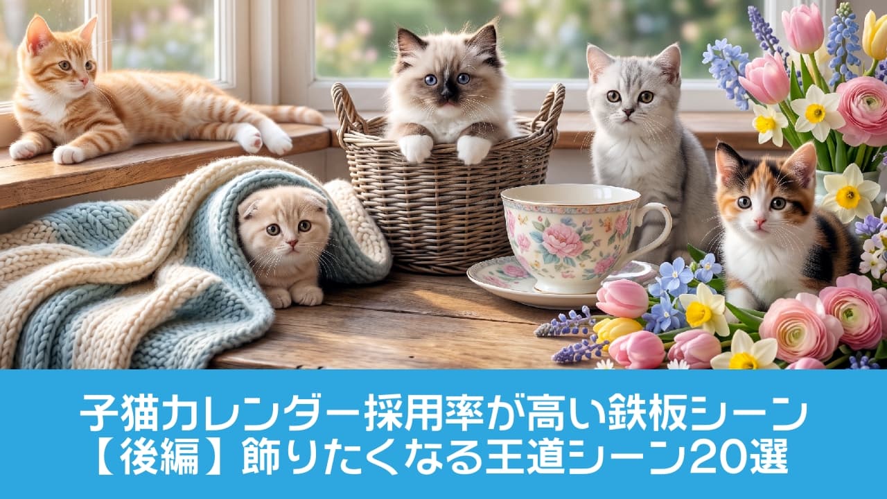 「ぽかぽかの窓辺に大集合☀️ 5匹の天使たちと春のお花に囲まれて、とびきり優雅なティータイムはいかが？☕️🌸 あなたの推しにゃんこはどの子？👇 #猫のいる暮らし #子猫 #多頭飼い #春の訪れ #癒し時間」Ultra-realistic high-quality photograph of five diverse kittens relaxing on a wooden windowsill bathed in soft morning sunlight. From left: an orange tabby gazing out the window, a cream kitten peeking from under a chunky blue and white knit blanket, a blue-eyed Ragdoll-type kitten inside a woven basket, a silver tabby sitting upright, and a calico kitten sitting next to a vibrant arrangement of spring flowers including pink ranunculus and yellow daffodils. A floral teacup sits in the center, with a beautifully blurred lush green garden visible through the window, creating a cozy and heartwarming scene. 柔らかな朝の陽光が差し込む木製の窓辺でくつろぐ5匹の子猫たち。左から、窓の外を見つめるオレンジタビー、青と白のニットブランケットから顔を出すクリーム色の子猫、籐カゴに入ったブルーアイのラグドール風、お座りする美しいシルバータビー、そして春の花（ピンクのラナンキュラスや黄色い水仙）の隣に座る三毛猫（キャリコ）。中央には華やかな花柄のティーカップが置かれ、背景の窓越しには緑豊かな庭がボケ味を伴って輝く、極めて高画質で温かみのある情景