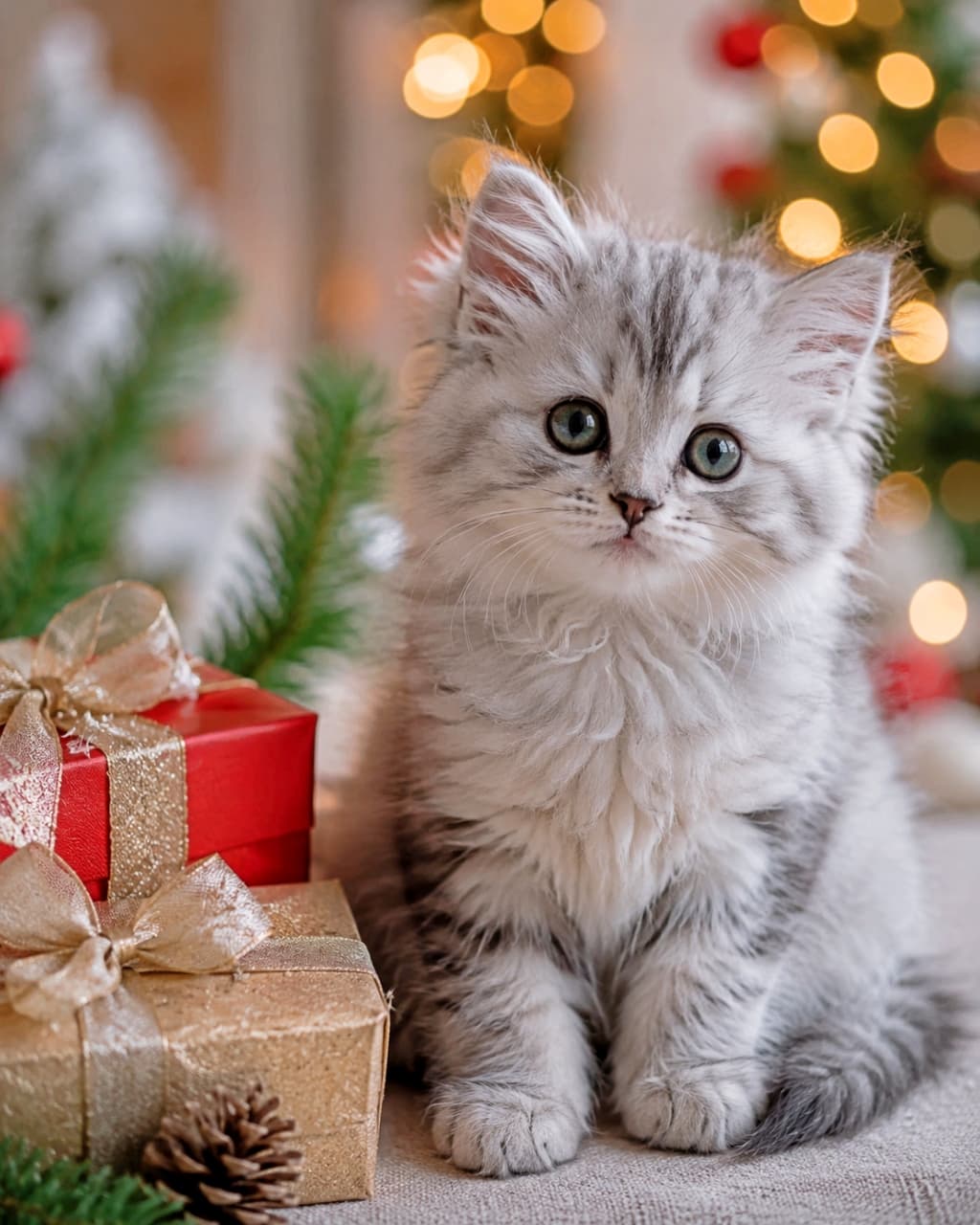 「今年のプレゼントはボクだよ🎁✨キラキラのイルミネーションをバックに、可愛すぎるモフモフ子猫が登場🎄🐾」An ultra-realistic high-quality photograph of a fluffy long-haired silver tabby kitten with green eyes sitting next to red and gold Christmas gift boxes, with beautiful warm bokeh lights and a festive tree in the background. 背景にクリスマスツリーと温かみのあるイルミネーションの光（ボケ）が幻想的に広がる中、手前に置かれた赤とゴールドのギフトボックスの横に座り、大きなグリーンの瞳で正面を見つめているモフモフの長毛シルバータビー子猫の写真