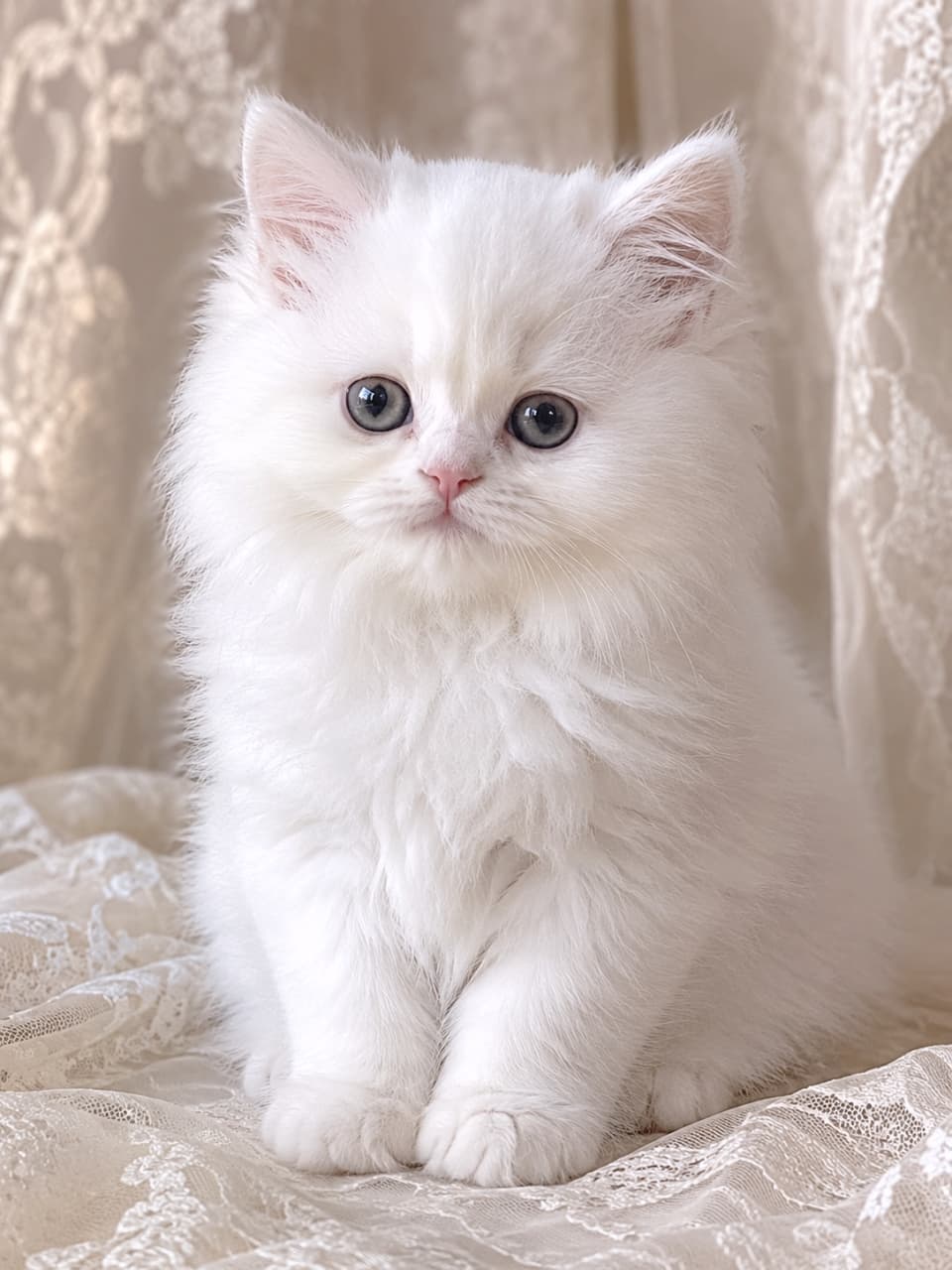 「まるでお姫様👑✨繊細なレースと真っ白なフワフワボディがロマンチック🤍」Ultra-realistic high-quality photograph of a fluffy white kitten sitting elegantly against a delicate vintage lace background. 繊細なアンティークレースの布を背景に、上品に両前足を揃えてお座りする真っ白でふわふわな子猫