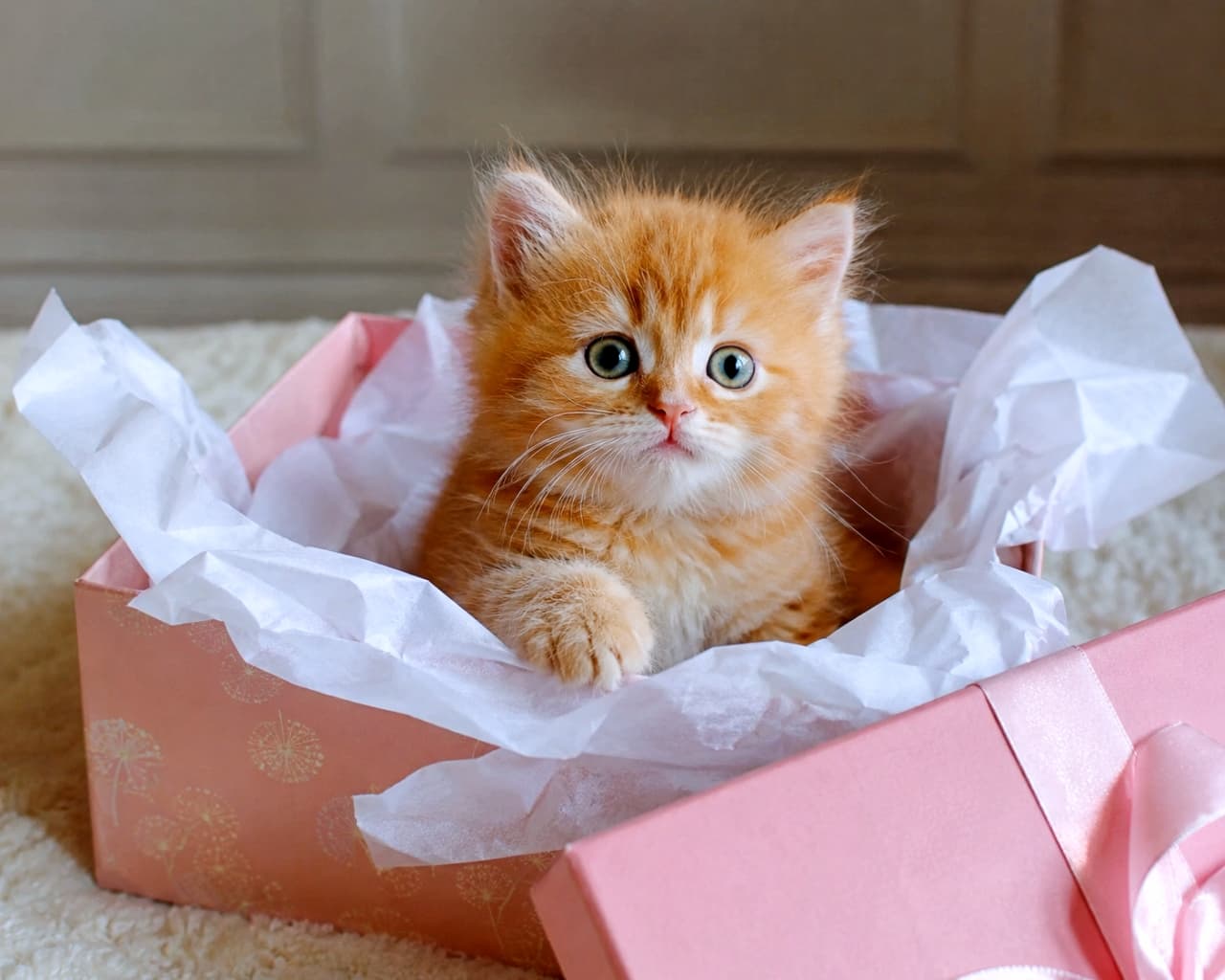 「サプライズプレゼントは…私！？🎁✨箱から顔を出す茶トラちゃんが可愛すぎる！」Ultra-realistic high-quality photograph of a fluffy ginger kitten sitting inside a pink gift box with white tissue paper. ピンク色のギフトボックスと白い薄紙の中にすっぽりと収まり、カメラを見つめるふわふわの茶トラ子猫