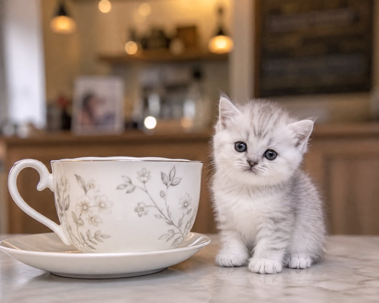 「大きなカップの横でちょこん🐾 ティータイムを見守る天使すぎる子猫ちゃんに癒やされて☕✨」An ultra-realistic high-quality photograph of an adorable white and grey striped kitten sitting next to a large floral teacup and saucer on a cafe table. The warm wooden interior in the background is softly blurred with beautiful bokeh under gentle light. 柔らかな光が差し込むカフェのテーブルの上で、美しい花柄の大きなティーカップとソーサーの横にちょこんと座る、白地にグレーの縞模様がある愛らしい子猫。背景は温かみのあるウッド調のインテリアが美しくボケています