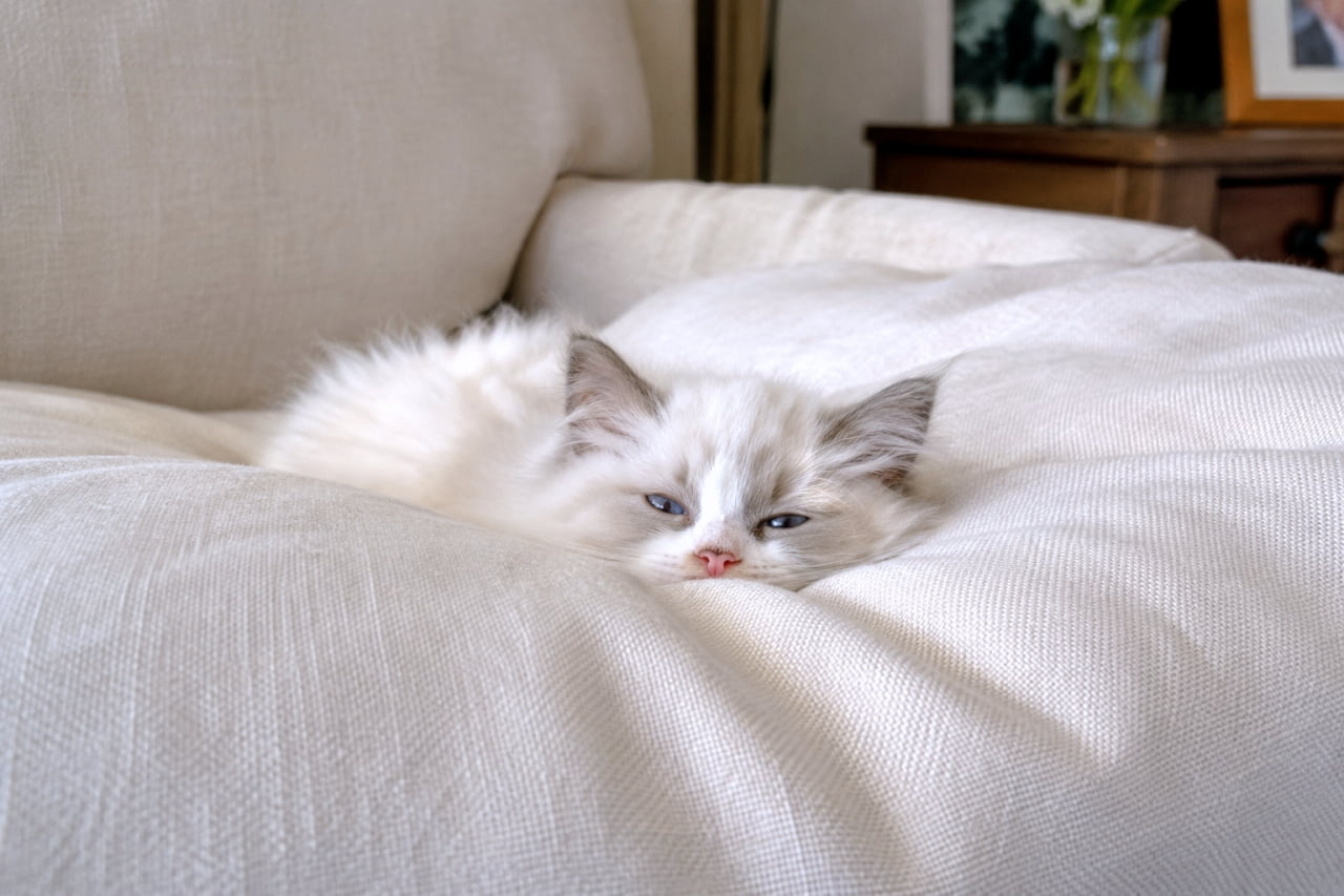 「ソファに同化しちゃうくらいモフモフ☁️リラックスモード全開の子猫に癒やされて😴」Ultra-realistic high-quality photograph of a fluffy white ragdoll kitten resting deeply into a soft beige sofa. ベージュのふかふかしたソファに体を沈め、リラックスした表情を浮かべるラグドール風の白い子猫