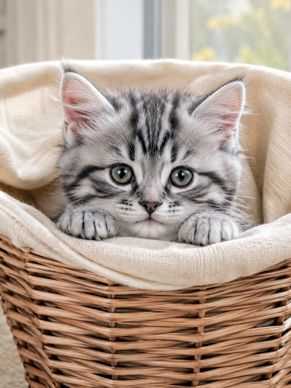 「カゴの中からこんにちは🧺🐾 「ボクと遊ぶ？」と言いたげな上目遣いに、もうメロメロです…！💕」An ultra-realistic high-quality photograph of a cute silver tabby kitten inside a woven wicker basket lined with soft cloth, resting its tiny front paws on the edge and staring straight ahead. 布が敷かれたナチュラルな編みカゴ（バスケット）の中から、小さな両前足をフチにかけてこちらをじっと見つめる、シルバータビー（銀色の縞模様）の可愛い子猫の正面クローズアップ