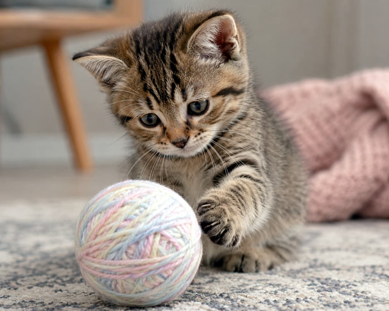 「これボクのおもちゃ！🧶 パステルカラーの毛糸玉を捕まえようと必死な子猫ちゃんにキュンです💖」An ultra-realistic high-quality photograph of a cute tabby kitten stretching its small paw out to play with a colorful pastel-toned yarn ball indoors. The kitten gazes intently at the ball, with a soft pink blanket blurred in the background. 室内でパステルカラーのカラフルな毛糸玉に小さな前足を伸ばして遊ぶ、可愛いキジトラの子猫。真剣な眼差しで毛糸玉を見つめており、背景にはピンクのブランケットが柔らかく写っています