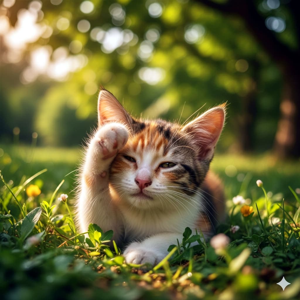 In a lush green meadow, a calico kitten lies with its paw raised near its eyes, basking in filtered sunlight. The macro composition and gentle blur evoke a dreamy, photorealistic scene. 緑豊かな草地に横たわる三毛の子猫が、前足を目元にかざしながら木漏れ日を浴びている。マクロ構図と柔らかなぼかしが、夢のようなフォトリアルな情景を演出している