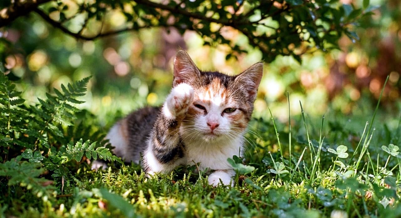 A calico kitten rests on a mossy bed in a sun-dappled garden, lifting one paw toward its face as if shielding its eyes. The soft focus and bokeh background enhance the peaceful, photorealistic mood. 三毛の子猫が苔むした庭に寝そべり、片方の前足を顔の方へ持ち上げている。木漏れ日が差し込む柔らかな背景とボケ感が、穏やかなフォトリアルな雰囲気を際立たせている