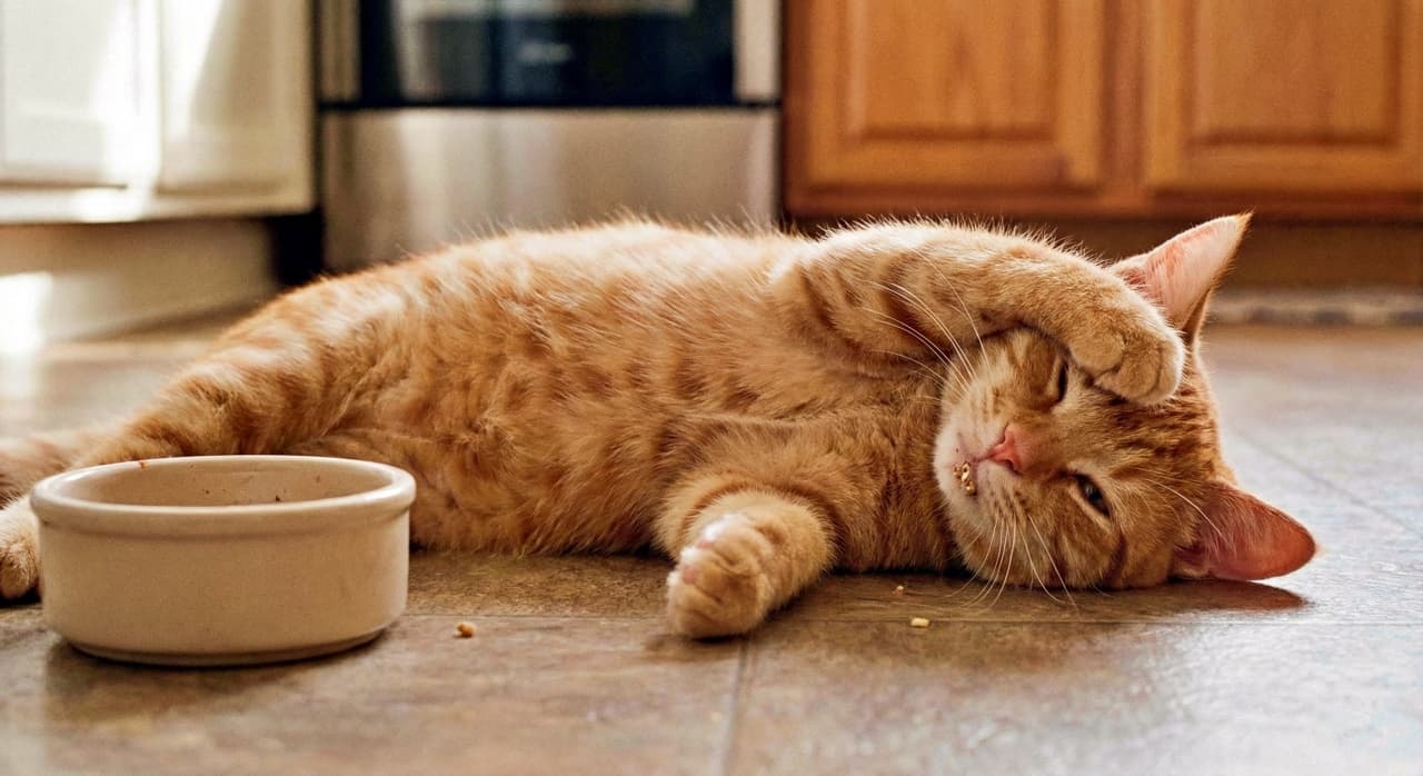 A photorealistic image of a chubby orange tabby kitten lying on its side next to an empty beige food bowl on a tiled kitchen floor. The kitten’s paw covers part of its face in a gesture of sleepy satisfaction, with a few crumbs scattered nearby. Its relaxed posture and full belly suggest it just finished a hearty meal, capturing a funny and relatable moment. キッチンのタイル床で、空のベージュ色の餌皿の横に横たわるぽっちゃりした茶トラの子猫を写したフォトリアルな画像。顔の一部を前足で覆い、満腹で眠そうな仕草。近くには少しだけ食べかすが散らばっており、食後の満足感と脱力感がユーモラスに伝わる一枚