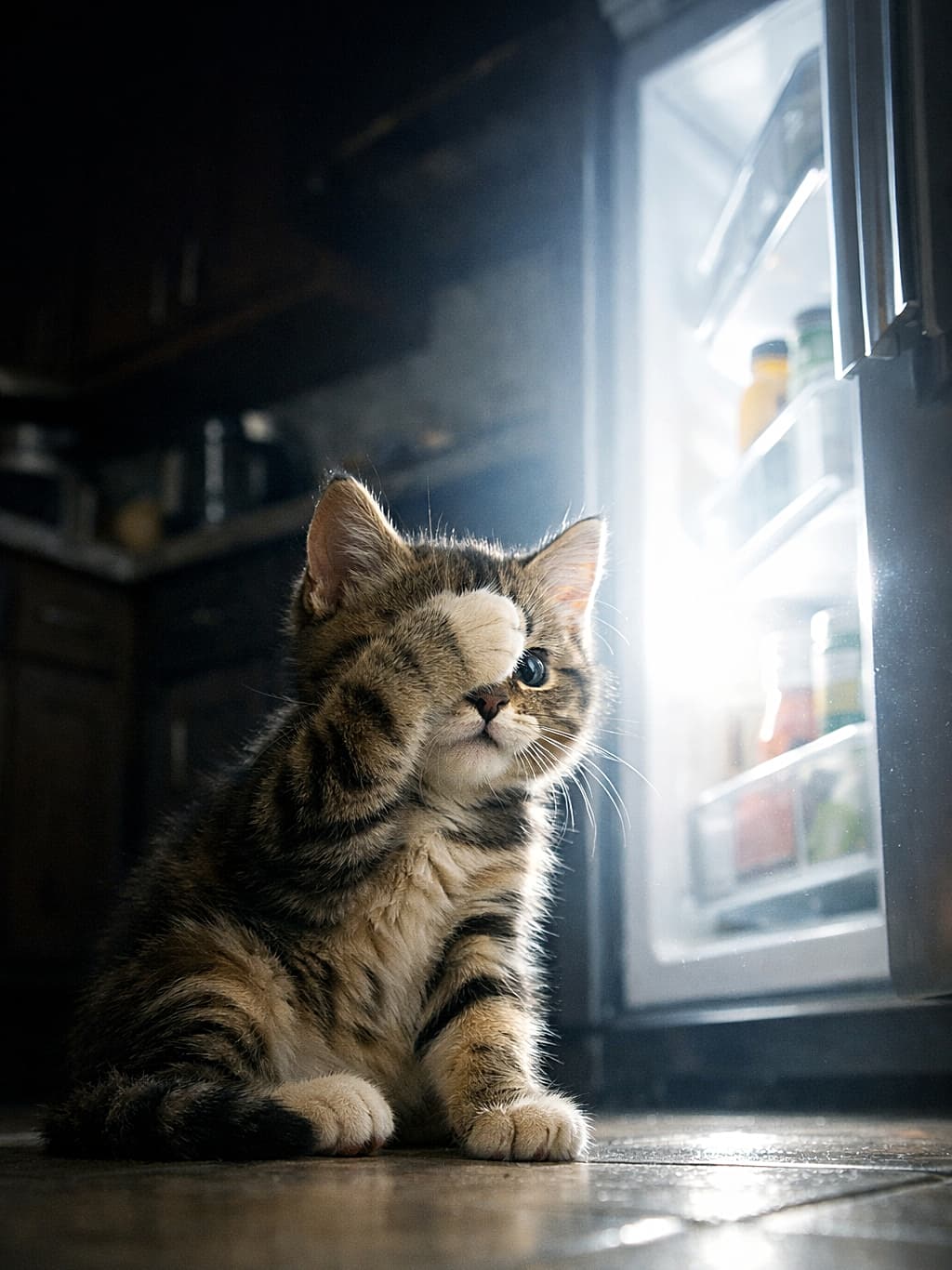 「まぶしい…でも見たいにゃ！冷蔵庫の光にドキドキしながら、そっとのぞく子猫の好奇心🐾」A curious kitten sitting on a dark kitchen floor, shielding its eyes with one paw while peeking at the bright light from an open refrigerator. 暗いキッチンで、開いた冷蔵庫のまぶしい光を片目でのぞきながら、前足で目を覆う好奇心旺盛な子猫