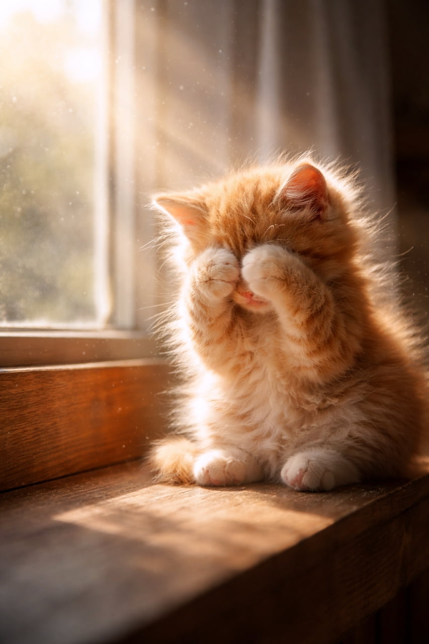 「まぶしすぎて直視ムリ…！朝日ガード発動中の茶トラ子猫、ふわふわ毛並みとキラキラの光に包まれて尊さが限界突破☀️🐾」A fluffy ginger kitten sitting on a wooden windowsill, covering its face with both paws to block the bright morning sunlight, with dust particles floating in the warm sunbeam, photorealistic. 木製の窓辺に座るふわふわの茶トラ子猫が、朝の強い日差しを避けるように両前足で顔を隠し、光の中に舞うホコリが印象的なフォトリアルなシーン