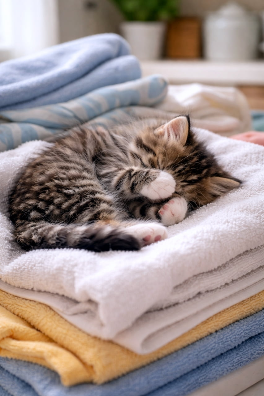 「洗いたてタオルのぬくもりに完全降伏…🐾ここが今日の優勝スポットです。顔を隠してすやすや、幸せのかたまりみたいな寝顔に癒される💤」A fluffy tabby kitten curled up asleep on a stack of freshly dried towels, covering its face with its paws in a cozy, sunlit laundry room. ふわふわのキジトラ子猫が、洗いたてのタオルの上で丸くなり、前足で顔を隠して眠っている、暖かく居心地の良いランドリーシーン
