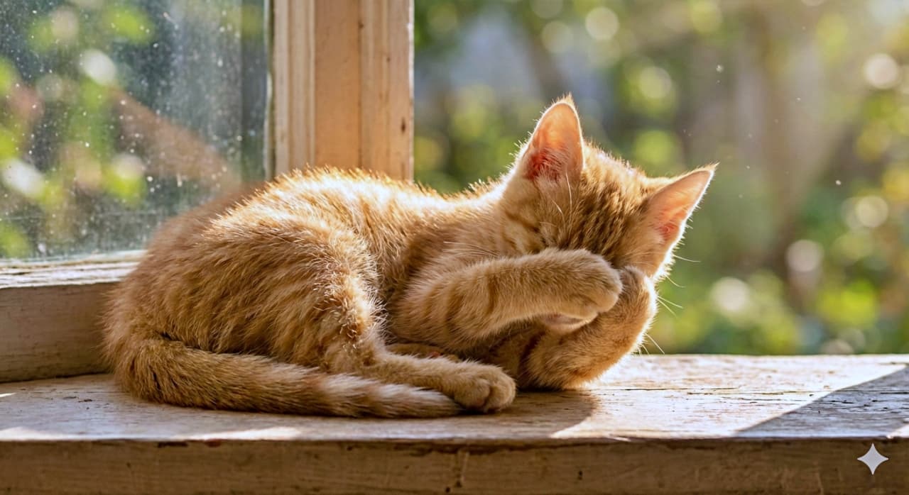 A fluffy ginger kitten lies curled on a wooden windowsill, shielding its face with both paws from a bright morning sunbeam. Dust motes drift through the light, creating a cinematic, photorealistic atmosphere with soft bokeh and high-resolution clarity. ふわふわの茶トラ子猫が木製の窓辺に丸くなって横たわり、まぶしい朝の光を両前足で遮っている。光の中を舞う埃が、シネマティックでフォトリアルな雰囲気を演出し、高解像度の柔らかなボケ感が際立っている