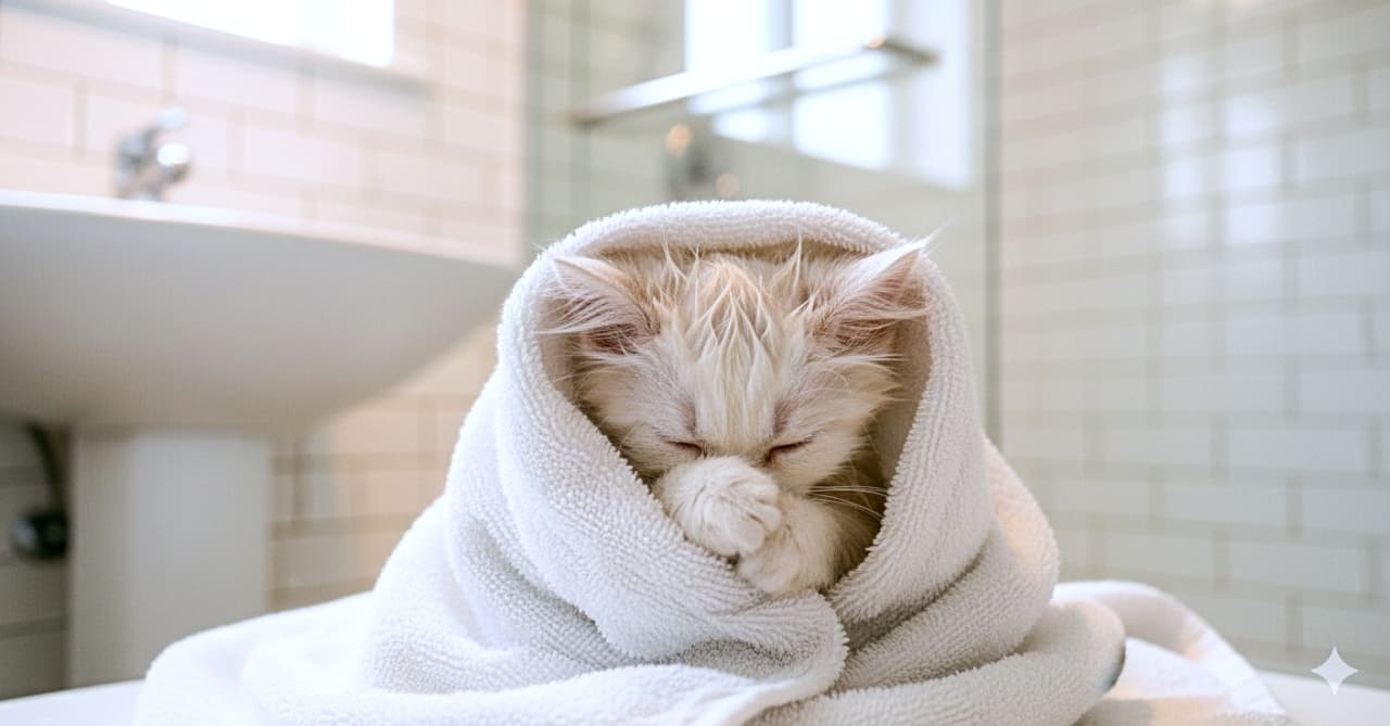 A damp, fluffy kitten is snugly wrapped in a soft white towel after a bath, its paws tucked over its face in a bashful gesture. The clean, bright bathroom setting enhances the photorealistic charm of this tender moment. 濡れて少しぼさぼさになった子猫が、入浴後に柔らかな白いタオルに包まれ、恥ずかしそうに前足で顔を隠している。清潔で明るいバスルームの背景が、フォトリアルな優しい雰囲気を引き立てている