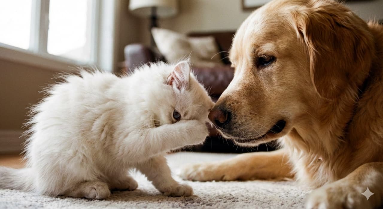 A fluffy white kitten shyly peeks through a small gap between its paws as it meets a gentle Golden Retriever for the first time. The dog gazes calmly, creating a photorealistic and emotionally tender moment. ふわふわの白い子猫が、顔を覆う前足のすき間から恥ずかしそうに覗き込み、初めて出会う優しいゴールデンレトリバーを見つめている。犬は穏やかな表情で見守り、フォトリアルで感情豊かな一瞬が描かれている