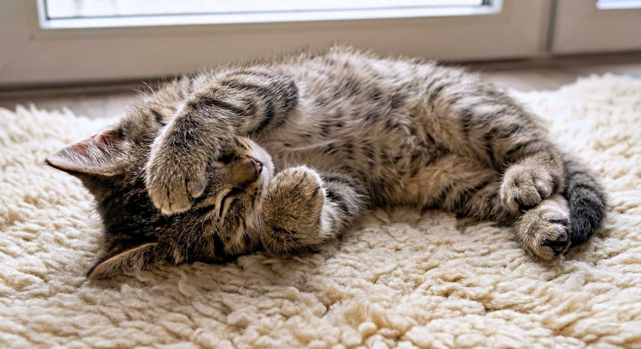 A photorealistic close-up of a tabby kitten sleeping on its back on a soft cream-colored rug. Both front paws are raised to completely cover its eyes in a “facepalm” sleeping pose, suggesting a shy or playful gesture. The soft lighting and fine fur detail enhance the peaceful and endearing atmosphere. クリーム色の柔らかなラグの上で仰向けに眠るキジトラの子猫をフォトリアルに接写。両前足で目元をすっぽり覆う「顔隠し」ポーズは、恥ずかしがり屋のような仕草にも見える。柔らかな光と毛並みの繊細な描写が、穏やかで愛らしい雰囲気を際立たせている