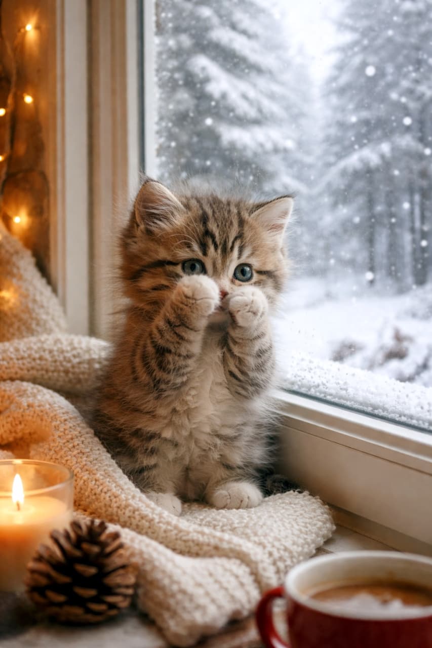 「はじめての雪にドキドキ…でもちょっと怖いにゃ🐾おててで隠しつつ、こっそり覗くその仕草が尊すぎる冬のひとコマ❄️✨」A fluffy tabby kitten sitting on a windowsill, covering its face with its paws while curiously peeking at falling snow outside. Cozy indoor setting contrasts with the cold snowy landscape. 窓辺に座るふわふわのキジトラの子猫が、前足で顔を隠しながら外の雪景色を不思議そうに覗いている。暖かな室内と寒い雪の外の対比が印象的