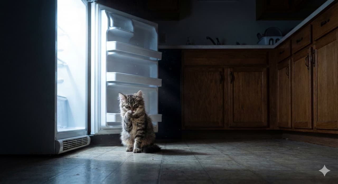 A tabby kitten sits on the tiled floor of a dim kitchen, partially shielding its eyes from the refrigerator’s glow with one paw while peeking through the other. The low-angle, photorealistic composition captures its curious yet dazzled expression. 暗いキッチンのタイル床に座るキジトラの子猫が、開いた冷蔵庫のまぶしい光を片方の前足で遮りながら、もう片方の目で覗き込んでいる。ローアングルのフォトリアルな構図が、好奇心と眩しさが入り混じった表情を捉えている