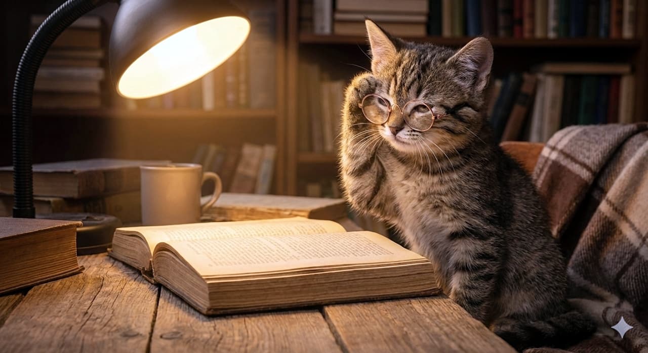 A clever-looking tabby kitten wearing tiny round glasses sits beside an open book under a warm desk lamp. It raises one paw to shield its eyes from the bright light, creating a cozy, photorealistic study scene. 小さな丸眼鏡をかけた賢そうなキジトラの子猫が、開いた本のそばで暖かなデスクライトの下に座っている。まぶしそうに片方の前足で目元を隠し、フォトリアルで居心地の良い読書風景を演出している