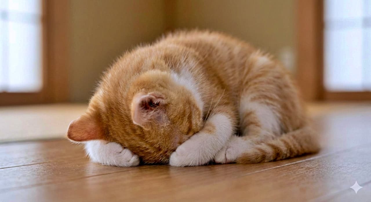 An orange-and-white kitten sleeps with its head pressed firmly to the wooden floor, front paws draped over its head in the classic “gomen-ne” pose. The simple indoor background keeps full focus on the photorealistic cuteness of the curled-up posture. 茶白の子猫が木の床に頭をぴったりとつけて眠り、前足を頭の上にかぶせるようにして「ごめん寝」ポーズをとっている。背景はシンプルで、丸まった姿のフォトリアルな愛らしさに視線が集まる