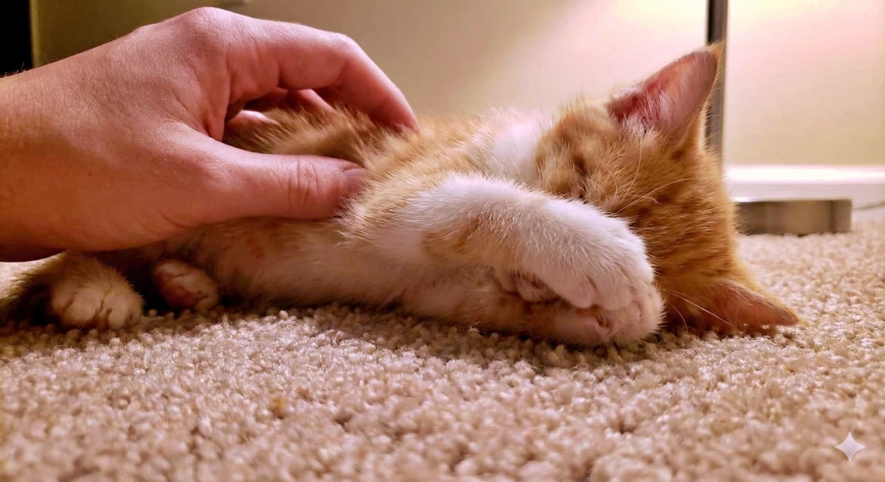 A person’s hand gently strokes a small orange-and-white kitten’s back. Overwhelmed with joy and shyness, the kitten buries its face in the carpet and covers it with one paw. Photorealistic close-up in warm indoor lighting. 人の手が小さな茶白の子猫の背中を優しく撫でている。幸せと恥ずかしさに包まれた子猫は顔をカーペットにうずめ、片方の前足で顔を隠している。暖かい室内光の中でのフォトリアルなクローズアップ