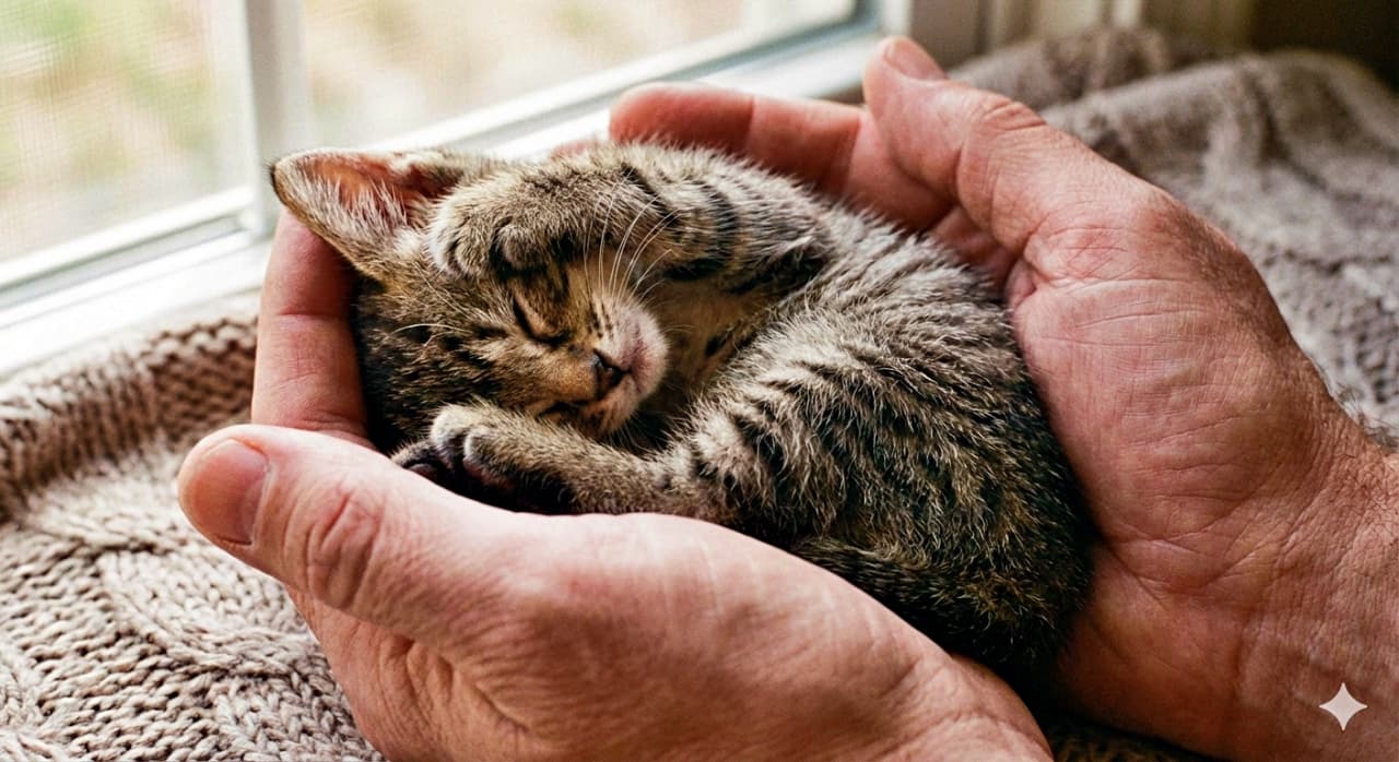 A striped tabby kitten sleeps soundly in the gentle cradle of human hands, its tiny paws resting near its face in a relaxed pose. The extremely close-up composition and soft lighting create a photorealistic sense of warmth, safety, and deep trust. 人の手のひらに包まれて、キジトラの子猫がぐっすり眠っている。小さな前足が顔の近くに添えられ、安心しきった姿が印象的。極端なクローズアップと柔らかな光が、フォトリアルな温もりと信頼感を伝えている