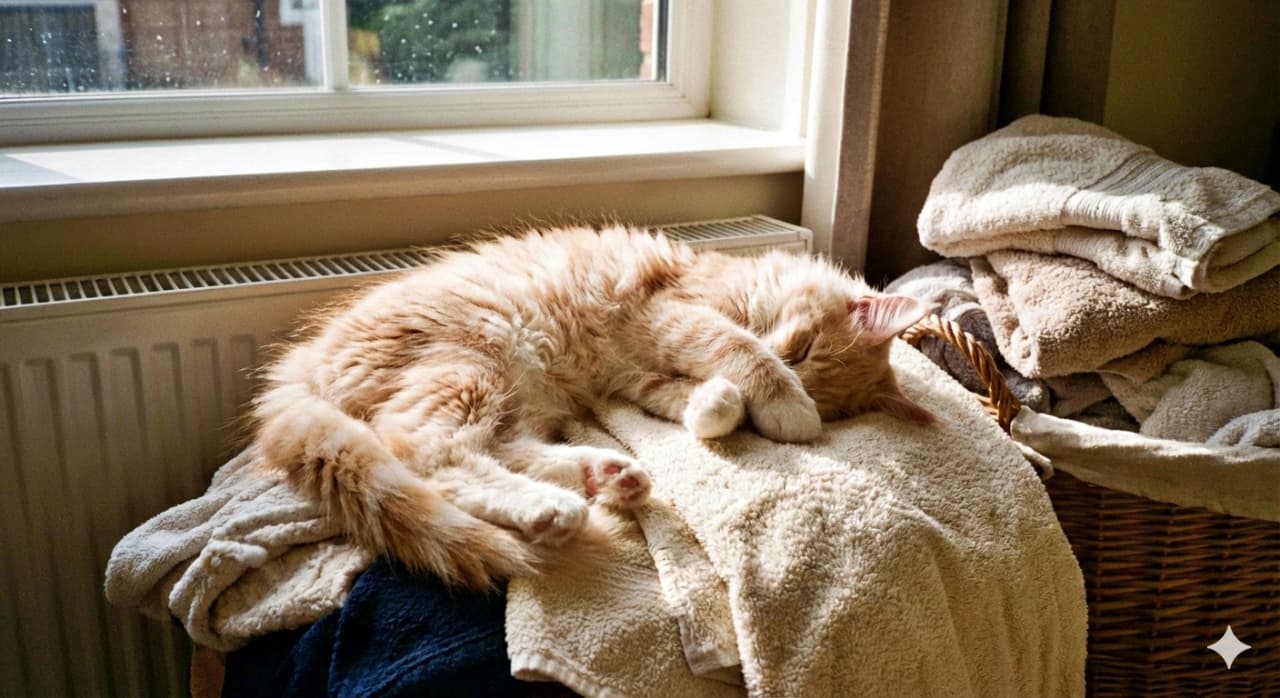 A fluffy orange kitten sleeps curled atop a stack of clean towels on a wicker laundry basket, its paws gently covering its face. Sunlight streams through the nearby window, casting a warm glow over this photorealistic, cozy domestic moment. ふわふわの茶トラ子猫が、籐製のランドリーバスケットに積まれた清潔なタオルの上で丸くなって眠っている。前足で顔をそっと隠し、窓から差し込む陽光が、フォトリアルで家庭的な温もりを包み込んでいる