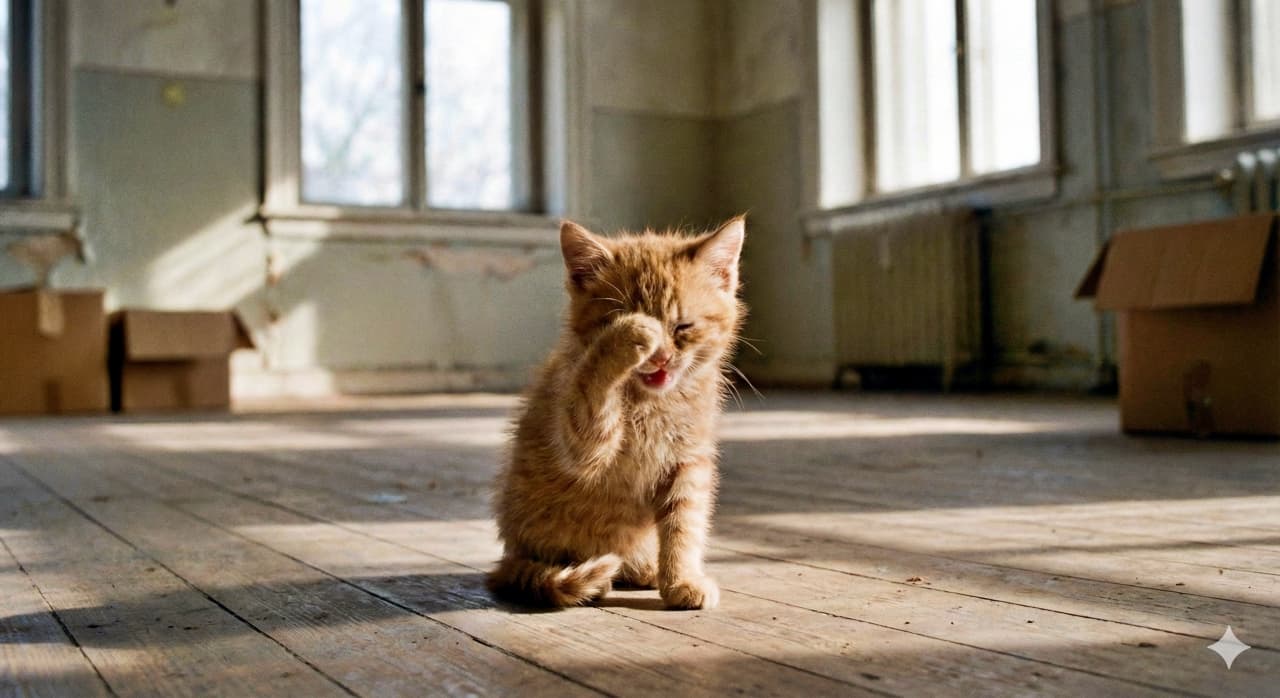 A photorealistic image of a tiny orange tabby kitten sitting alone on a worn wooden floor in a sunlit, empty room. With its paw raised to its face and eyes closed, it appears scared and sleepy, as if calling softly for its mother. The atmosphere is quiet, emotional, and gently hopeful. 陽だまりの古びた部屋で、ひとり座る小さな茶トラの子猫。目を閉じて前足で顔を覆い、眠たくて少し心細そうに母猫を呼んでいるようなフォトリアルな一枚。静かで感情的、そしてどこか希望を感じさせる空気が漂う