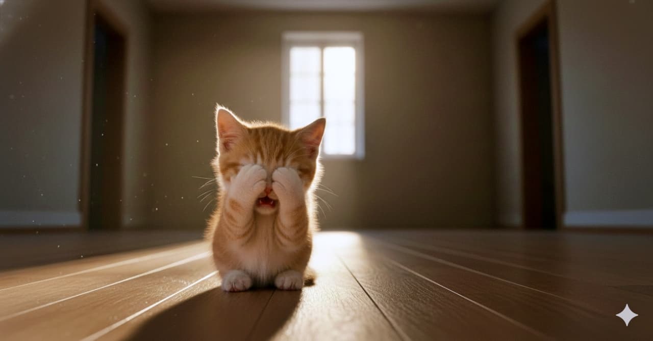 A small orange tabby kitten sits alone on a wooden floor in a spacious, dimly lit room. With its front paws covering its eyes, it appears sleepy and slightly scared, as if calling for its mother. The soft sunlight and empty space evoke a photorealistic mood of quiet longing and gentle hope. 広くて薄暗い部屋の木の床に、オレンジ色のトラ猫の子猫がぽつんと座っている。前足で目を覆い、眠たくて少し不安そうな様子で、母猫を呼んでいるかのよう。差し込む柔らかな光と静かな空間が、フォトリアルな寂しさとほのかな希望を感じさせる