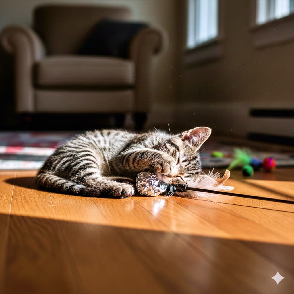 A tabby kitten lies stretched out on a sunlit wooden floor, one paw lazily brushing its eye as it drifts off mid-play. A crinkle ball and feather wand rest nearby, bathed in warm afternoon light. Photorealistic and serene. 木の床に伸びて横たわるキジトラの子猫が、遊びの途中で眠りに落ちそうになりながら、前足で目元をゆるくこすっている。近くにはカシャカシャボールと羽根のおもちゃがあり、午後の自然光に包まれたフォトリアルで穏やかな情景
