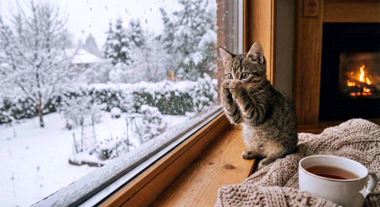 A small kitten sits on a windowsill, peeking shyly at the snowy landscape outside. Its paws cover part of its face in a mix of amazement and hesitation. The photorealistic scene contrasts the cozy warmth of the interior with the cold, white world beyond the glass. 窓辺に座る小さな子猫が、顔を前足で隠しながら外の雪景色をそっと覗いている。驚きと恥ずかしさが入り混じった仕草が愛らしく、暖かな室内と冷たい外の世界との対比がフォトリアルに描かれている