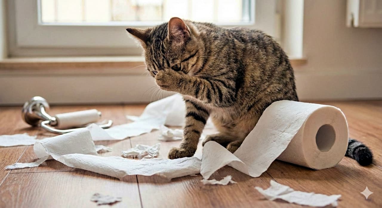 A mischievous tabby kitten sits on a wooden floor next to a toppled roll of toilet paper, which is scattered in torn strips. With both paws covering its face, the kitten strikes a guilty yet playful pose in this photorealistic, sharply focused scene. 木の床に座るいたずら好きなキジトラの子猫が、転がったトイレットペーパーのそばで顔を両前足で隠している。紙はちぎれて床に広がり、子猫は「私じゃないよ」と言いたげな表情を見せる。フォトリアルでユーモラスな一枚