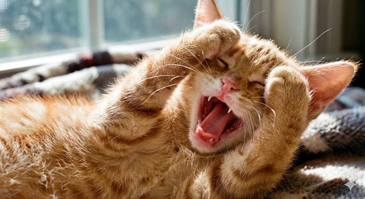 An orange tabby kitten captured mid-yawn, its tiny pink mouth wide open with visible baby teeth. Eyes tightly shut, both front paws raised to its face as if hiding from its own yawn. Photorealistic close-up with soft natural light and shallow depth of field. オレンジ色のトラ猫の子猫が大きなあくびの最中で、ピンク色の口を大きく開けて小さな歯を見せている。目をぎゅっと閉じ、両前足を顔に持ち上げて、まるで自分のあくびから隠れているような仕草。自然光と浅い被写界深度によるフォトリアルなクローズアップ