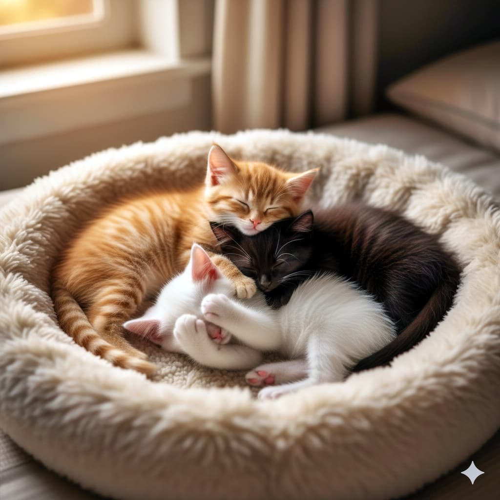 Three kittens—ginger, black, and white—are nestled together in a plush round pet bed near a window. The black kitten at the bottom hides its face with its paws, seemingly overwhelmed by the cuddle pile. Soft light and photorealistic texture enhance the cozy chaos. 茶トラ・黒・白の三匹の子猫が、窓辺のふわふわな丸型ベッドで寄り添って眠っている。一番下の黒い子猫は前足で顔を隠し、「ぎゅうぎゅうすぎるよ」と言いたげ。柔らかな光とフォトリアルな質感が、愛らしい混沌を引き立てている