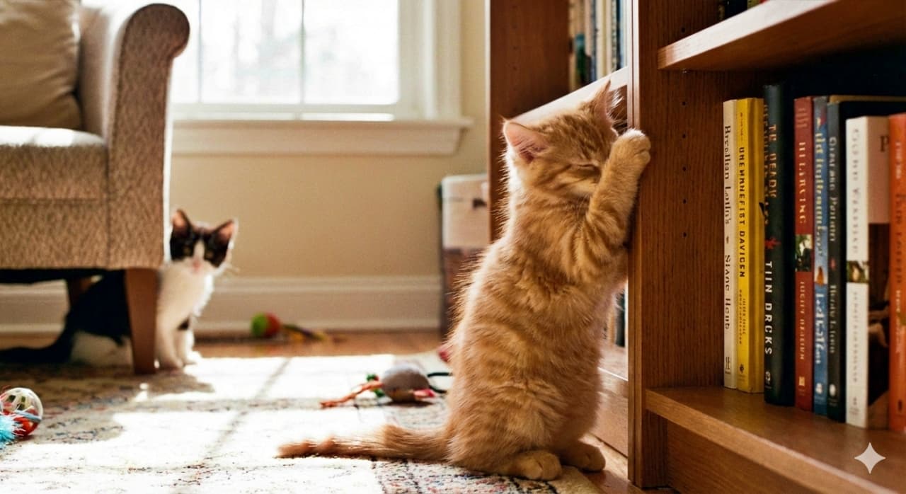 An orange tabby kitten stands on its hind legs, playfully pawing at a bookshelf as if covering its eyes for hide-and-seek. In the background, a black-and-white kitten peeks out from behind a chair. The photorealistic indoor scene is filled with toys and natural light, capturing a lively and mischievous moment. オレンジ色のトラ猫の子猫が後ろ足で立ち、かくれんぼの「鬼」のように本棚に前足を伸ばしている。背景では黒白の子猫が椅子の陰からそっと覗いている。室内にはおもちゃが散らばり、自然光が差し込む中、遊び心あふれるフォトリアルな一瞬が描かれている