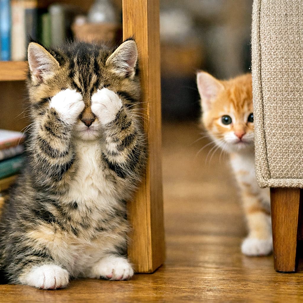 「目隠しして「もういいかにゃ？」椅子の影からのぞく気配に、ワクワクが止まらない🐾」Two playful kittens playing hide and seek indoors, one covering its eyes with its paws by a bookshelf, the other peeking from behind a chair. 室内でかくれんぼをする2匹の子猫。1匹は本棚のそばで前足で目を隠し、もう1匹は椅子の陰からそっと顔を出している