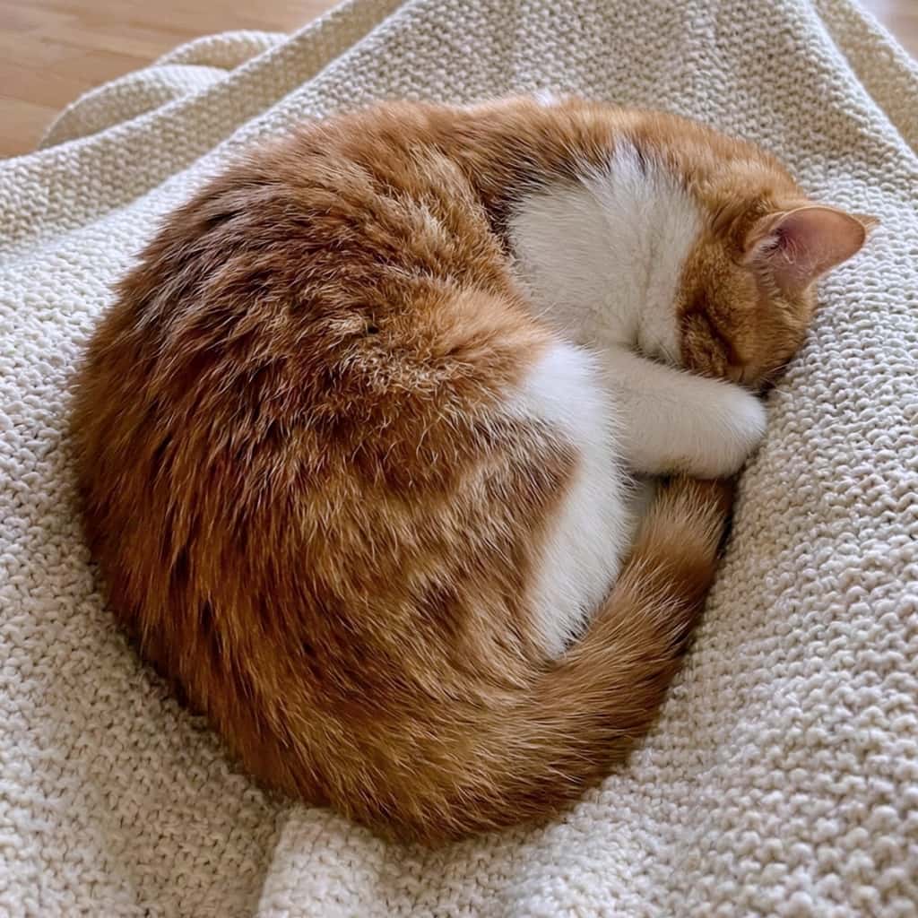 A reddish-brown and white cat curled up asleep on a cream-colored knitted blanket, its head tucked into its body and tail wrapped around, radiating warmth and serenity. 赤茶と白の毛並みの猫が、クリーム色の編み毛布の上で丸くなって眠っている。頭を体にうずめ、しっぽを巻きつけた姿が、ぬくもりと安らぎを感じさせる