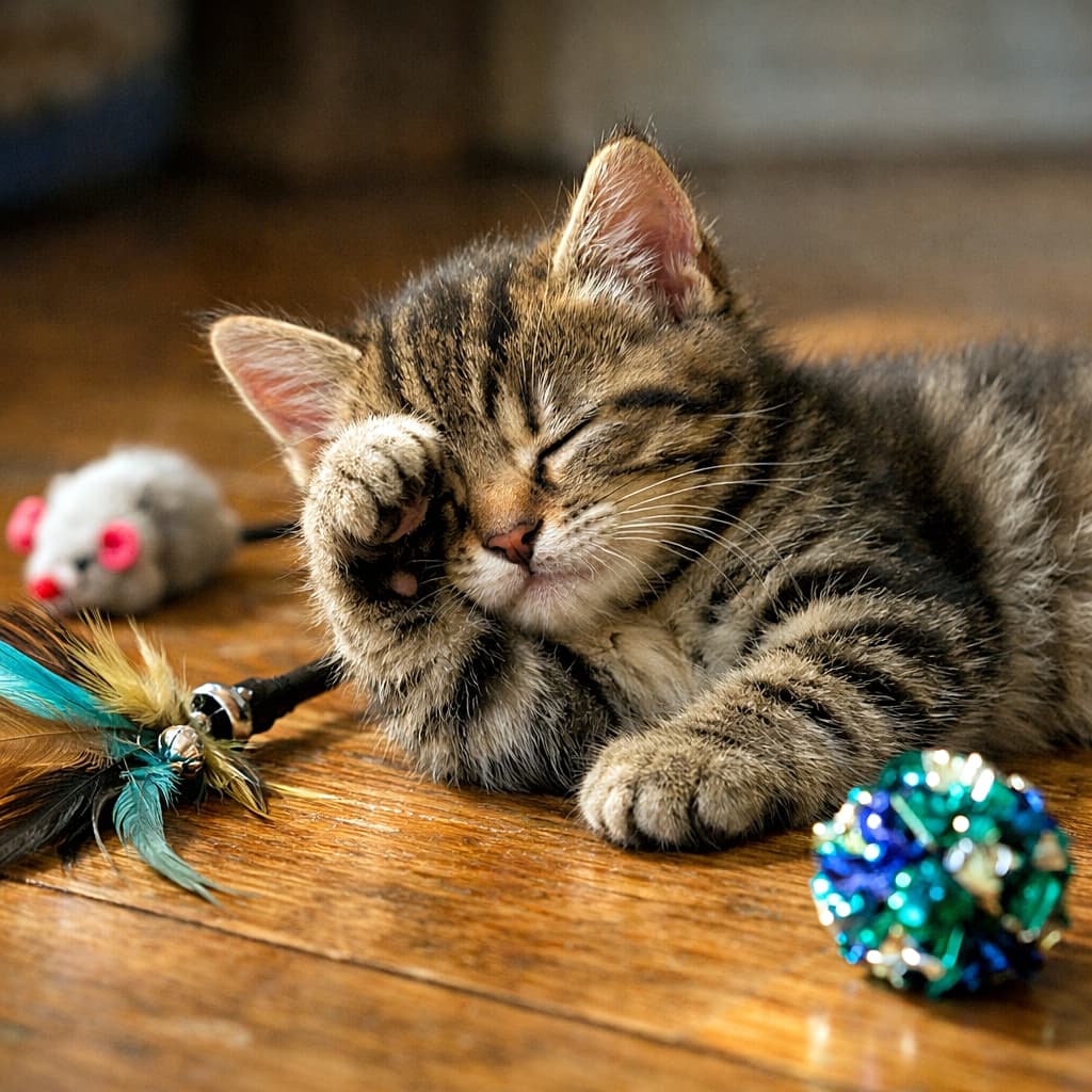 「遊び全力、電池切れは突然に。おもちゃに囲まれて、夢の続きへお昼寝タイム🐾😴」A tabby kitten falls asleep mid-play on a wooden floor, rubbing its eyes with a paw, surrounded by a feather wand and a crinkle ball in soft afternoon light. 木の床で遊び疲れて眠ってしまい、前足で目をこするキジトラの子猫。羽根のおもちゃとボールに囲まれた午後の光