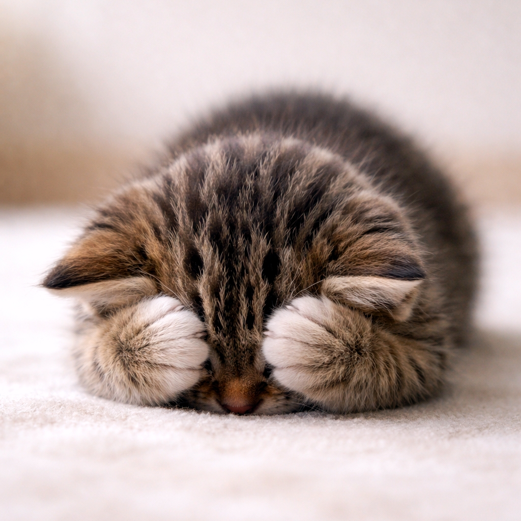 「ごめん寝発動中…🐾💤「反省してます（たぶん）」なポーズが可愛すぎて全て許すしかない案件、今日も尊いが過ぎる…！」A photorealistic close-up of a small tabby kitten sleeping in the classic Japanese “gomen-ne” pose, with its head pressed to the floor and its paws covering its face on a soft, neutral background. 柔らかな無地の背景の上で、頭を床に押しつけ前足で顔を隠す“ごめん寝”ポーズで眠る小さなキジトラの子猫のフォトリアルなクローズアップ