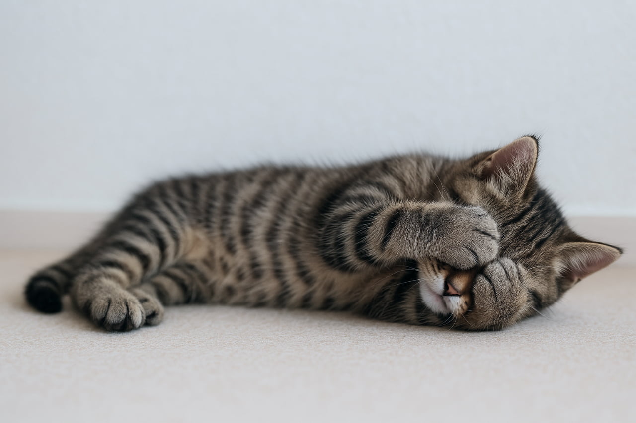 「「ん〜、まだ眠いのニャ💤」両手でお顔を隠す仕草がたまらない！今日の癒しはこれで決まりですね🐈✨ #猫のいる暮らし #子猫 #お昼寝タイム」Ultra-realistic high-quality photograph of a mackerel tabby kitten lying on a beige carpet, adorably covering its face with both front paws, softly lit to highlight the rich texture of its fur. ベージュのカーペットの上で横たわり、両前足で顔を隠すように眠るキジトラの子猫。柔らかな自然光が被毛の繊細な縞模様を美しく引き立てており、愛らしい「ごめん寝」のようなポーズが目を引く、高画質でリアルな写真です