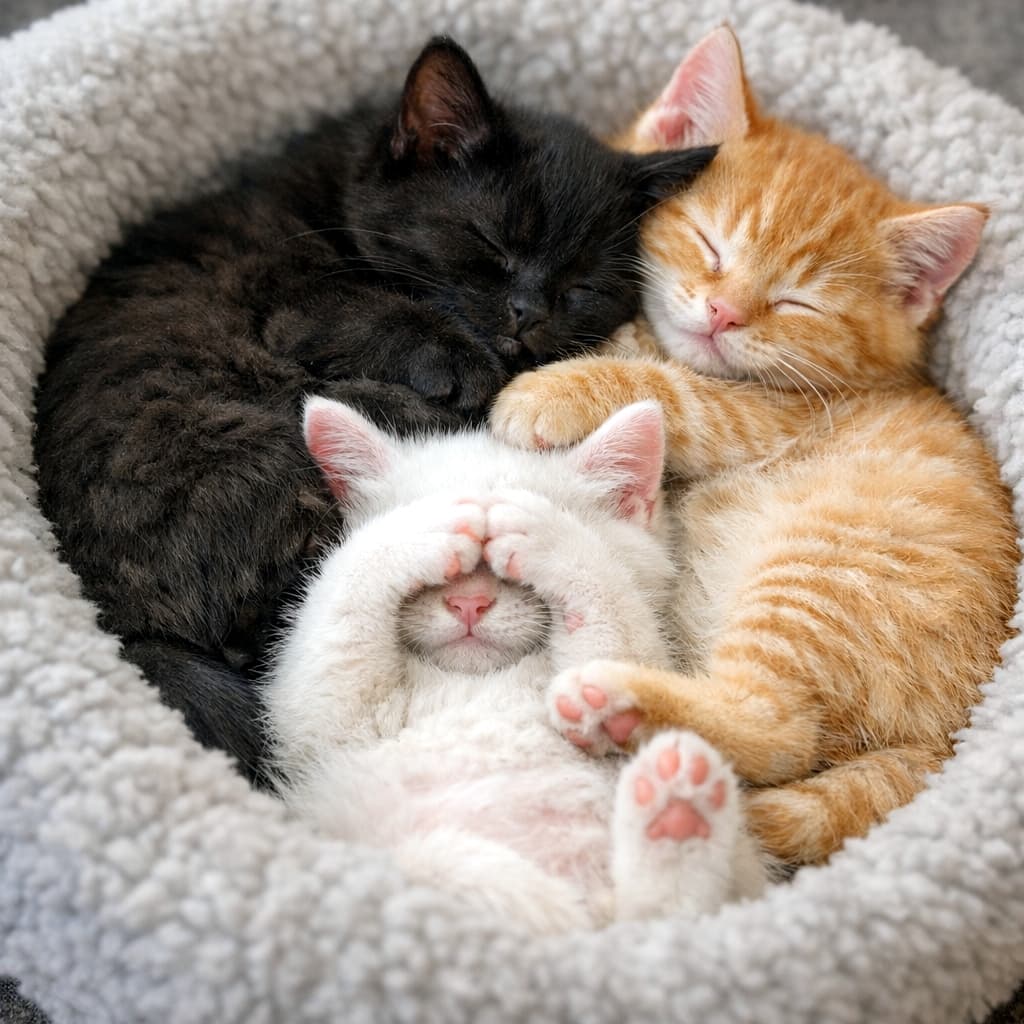 「ぎゅうぎゅうの猫団子🍡🐾 一番下で「もう、狭いニャ〜！」とお顔を隠す白猫ちゃんがたまらなく尊い😭✨ #猫団子 #仔猫 #多頭飼い」Ultra-realistic high-quality photograph. Three adorable kittens of different colors (black, ginger tabby, and white) sleeping in a tangled pile inside a soft, fluffy grey round cat bed. The white kitten is at the bottom lying on its back, covering its face with both front paws as if playfully saying "it's too crowded!", revealing its tiny pink paw pads. The black and ginger kittens are sleeping peacefully on top of and beside the white one. The diverse textures of their fur and the cozy bed are beautifully captured. ふわふわとしたグレーの丸い猫用ベッドの中で、団子状に重なり合って眠る3匹の仔猫（黒猫、茶トラ、白猫）のクローズアップ画像。一番下に仰向けで寝ている白猫は、「狭いよ！」と言わんばかりに両前足で顔を隠す愛らしいポーズをとっており、ピンク色の小さな肉球が見えている。その上には黒猫と茶トラの仔猫が気持ちよさそうに目を閉じて寄り添っている。それぞれの異なる毛並みの質感や、柔らかいベッドの素材感が詳細に描写された、超リアルな質感の高品質写真