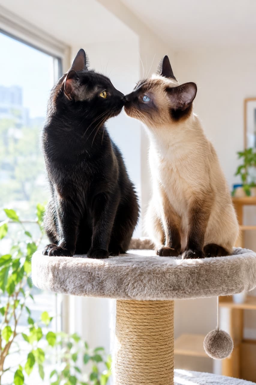 「高い場所で見つめ合うふたり🐾 青い瞳と琥珀色の瞳が交わる挨拶に、心がふわっと温かくなりますね☀️✨」Ultra-realistic high-quality photograph of a sleek black cat with amber eyes and a Siamese cat with sapphire blue eyes sharing a tender nose kiss atop a modern cat tree. Soft, bright daylight fills the airy room, highlighting their sharp whiskers, detailed fur textures, and intimate connection. 明るい光が差し込むモダンな部屋で、キャットタワーの最上段に座る艶やかな黒猫と青い瞳のシャム猫が優しく鼻先を合わせている。窓からの自然光が黒猫の琥珀色の瞳や繊細なヒゲ、シャム猫の滑らかな被毛を際立たせる、明瞭な焦点と透明感のある高解像度写真