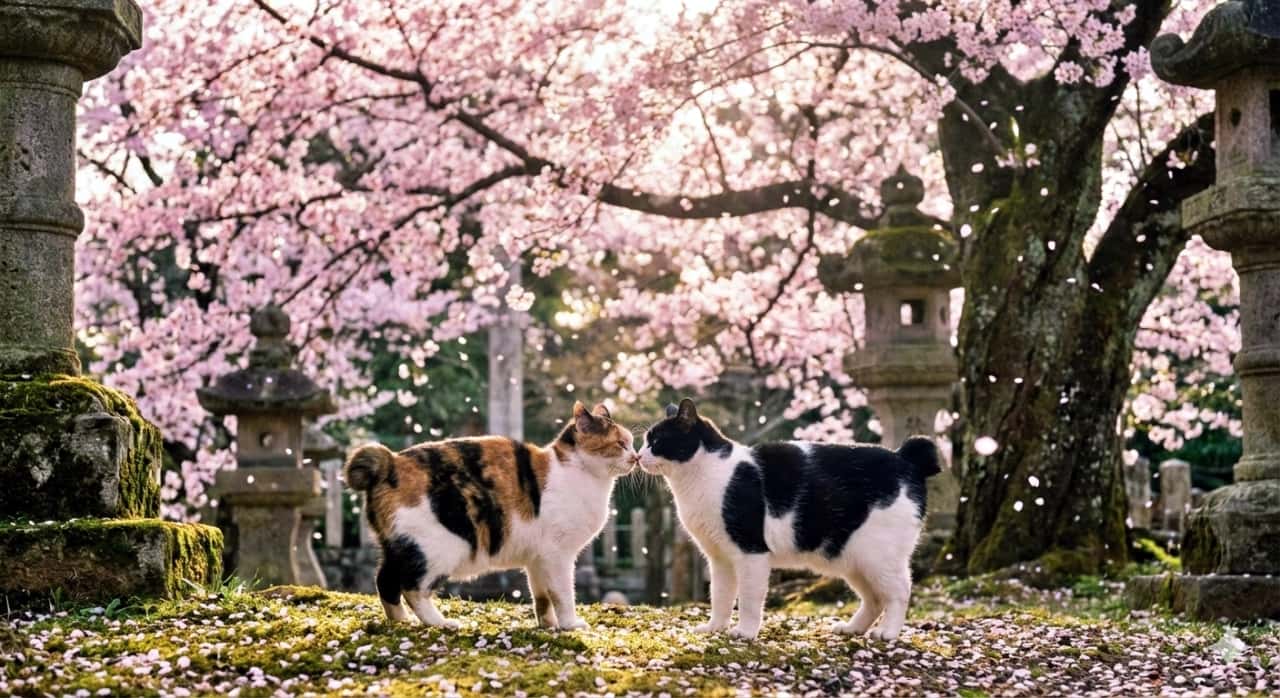 An ultra-realistic photo of two Japanese Bobtail cats gently touching noses beneath a blooming cherry blossom tree. Soft pink petals drift around them as warm, poetic light filters through the branches. The mossy ground and traditional stone lanterns enhance the dreamy, tranquil atmosphere. 満開の桜の木の下で鼻を寄せ合う2匹のジャパニーズボブテイルを写した超リアルな写真。淡いピンクの花びらが舞い、枝越しに差し込む柔らかな光が幻想的な空気を演出。苔むした地面と石灯籠が、静かで詩的な情景を引き立てている