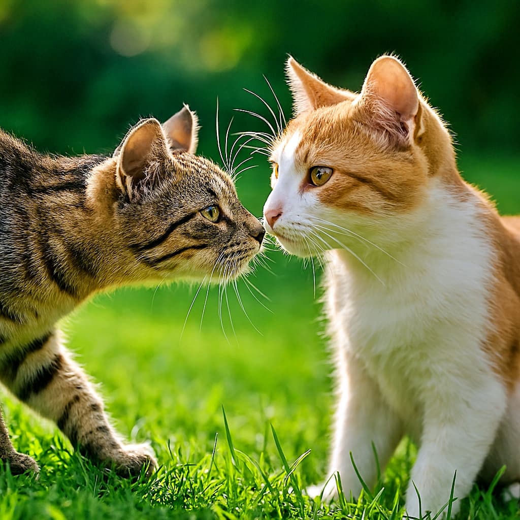 「はじめましての瞬間、ドキドキとワクワクが芝生に咲いた!」Two young cats meet nose-to-nose on a vibrant green lawn under bright daylight. One tabby cat cautiously stretches its neck forward, while the other orange-and-white cat remains calm and steady. Their whiskers nearly touch, and the detailed fur textures are illuminated by sunlight. Shot from a low angle. 明るい日差しの下、緑豊かな芝生の上で鼻を寄せ合う2匹の若い猫。1匹のキジトラ猫が慎重に首を伸ばし、もう1匹の茶白猫は落ち着いた様子。ヒゲが触れそうな距離で、毛並みの質感が光に照らされている。ローアングル撮影