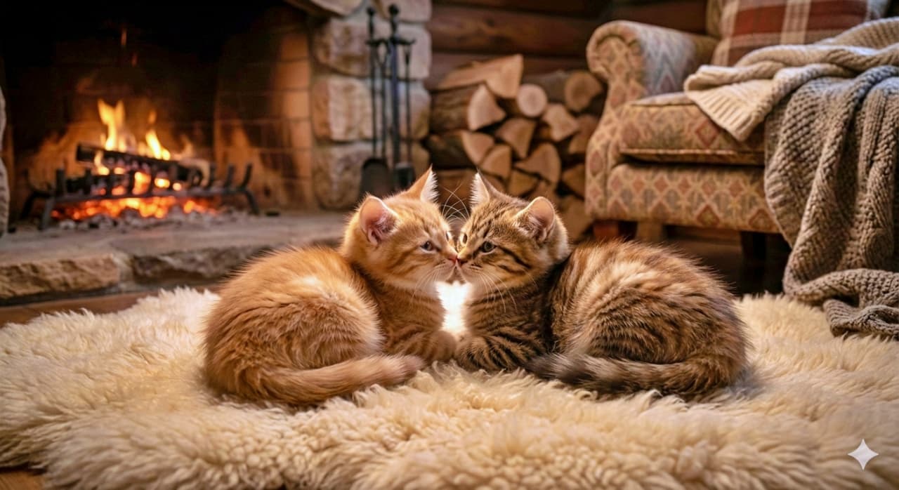 Ultra-realistic photo of two young kittens—a warm orange tabby and a brown-striped tabby—nestled together on a fluffy white rug in front of a rustic fireplace. The flickering flames reflect softly in their eyes as they nuzzle, surrounded by stacked firewood and a cozy armchair, evoking a nostalgic winter cabin mood. オレンジの子猫と茶トラの子猫が、白くふわふわのラグの上で寄り添いながら鼻をくっつける超リアルな一枚。薪が積まれた暖炉の炎が瞳に揺らめき、編み物のブランケットがかかった椅子が、山小屋のような懐かしい冬の空気を漂わせる