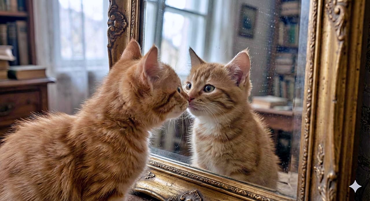 An ultra-realistic photo of a ginger kitten gently touching its nose to its own reflection in a clean, ornate vintage mirror. The background features bookshelves, a wooden desk, and sheer curtains, with soft light enhancing the surreal intimacy of the moment. 清潔で装飾的なヴィンテージ鏡に鼻をそっとつけ、自分の姿と向き合う茶トラの子猫を写した超リアルな写真。背景には書棚や木製の机、レースのカーテンがあり、柔らかな光がこの不思議で親密な瞬間を際立たせている